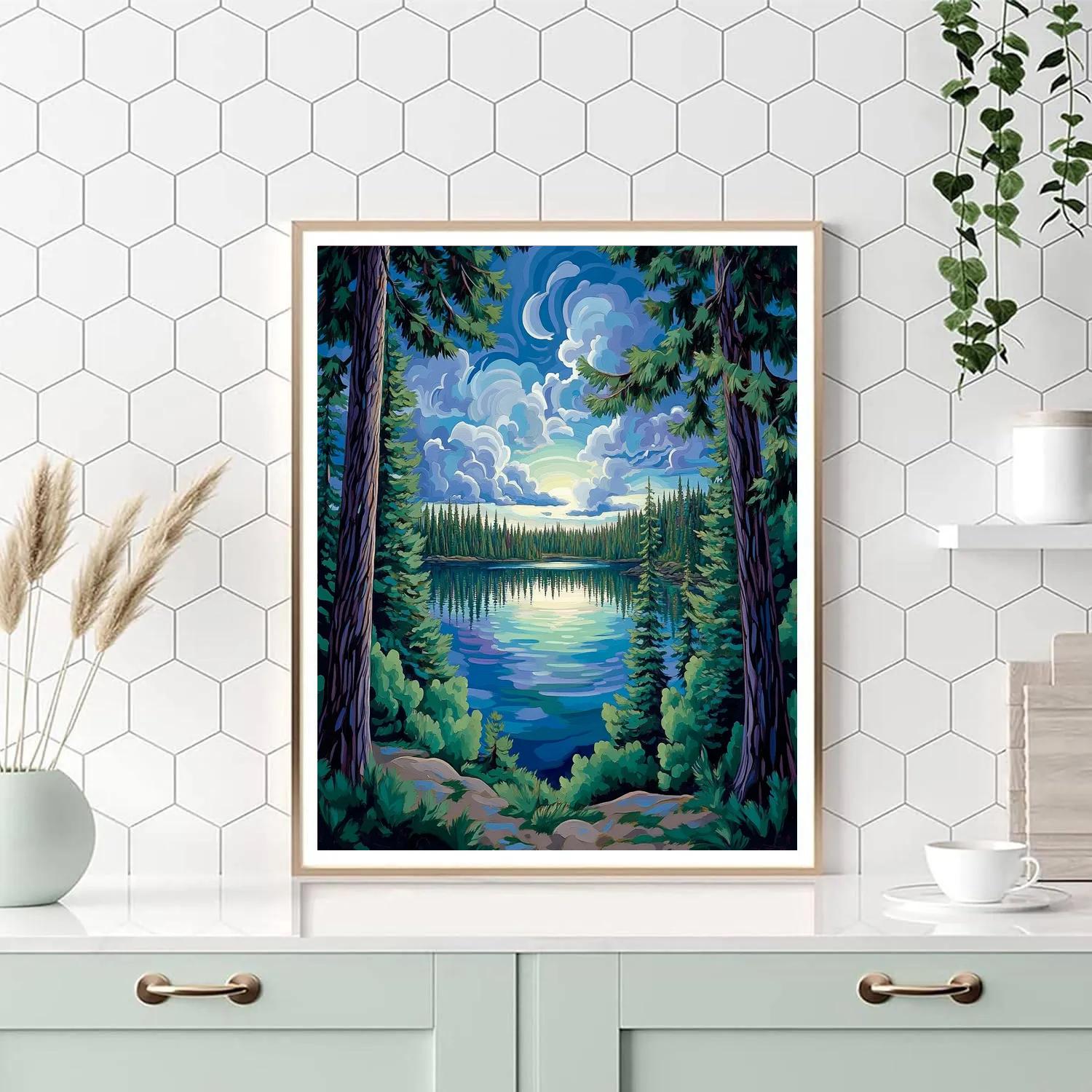 J E H MacDonald Inspired Rhythmic Pine Forest And Serene Lake Vista DIY paint by numbers