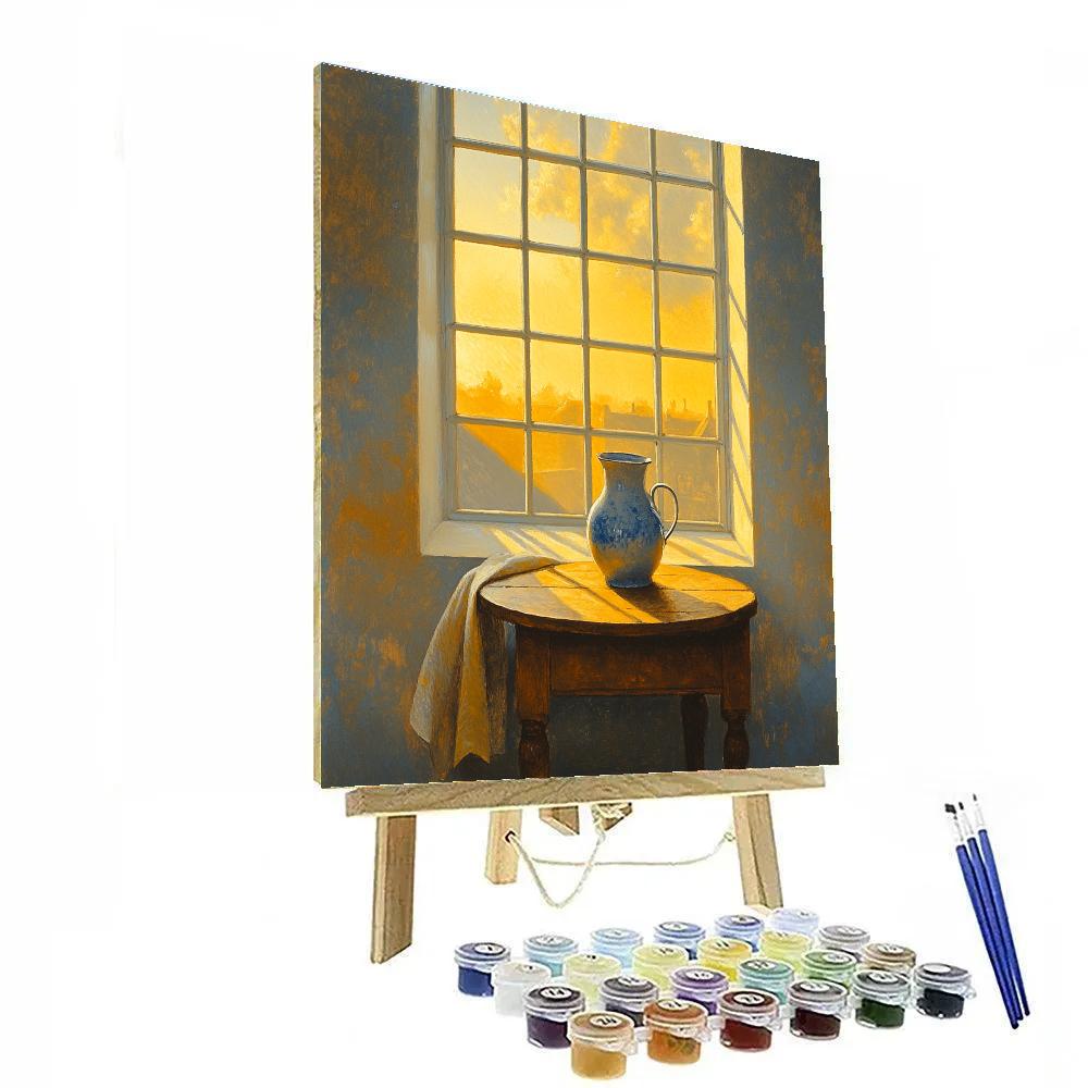 Johannes Vermeer Inspired Sunlit Delft Window With Blue Ceramic Pitcher paint by numbers
