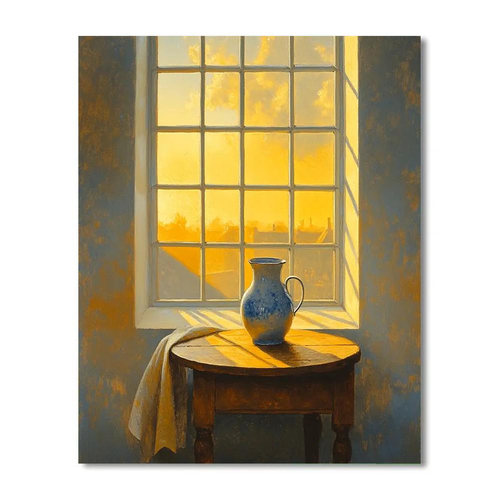 Johannes Vermeer Inspired Sunlit Delft Window With Blue Ceramic Pitcher paint by numbers