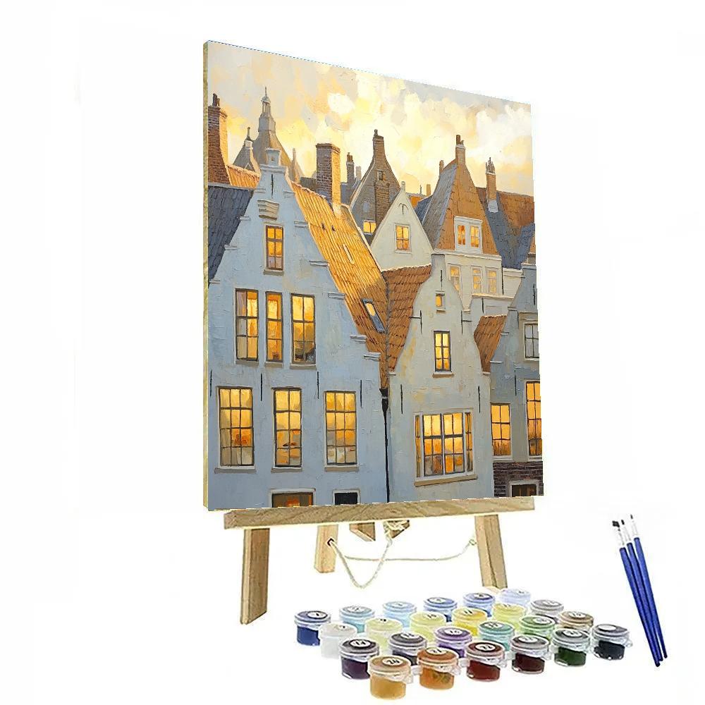 Johannes Vermeer Inspired Gabled Roofs Bathed In Golden Hour Light paint by color
