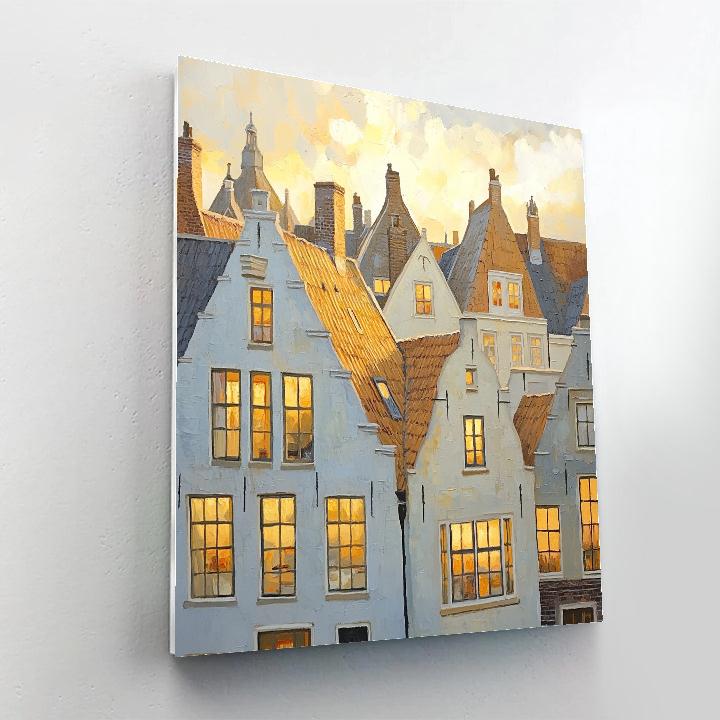 Johannes Vermeer Inspired Gabled Roofs Bathed In Golden Hour Light paint by color