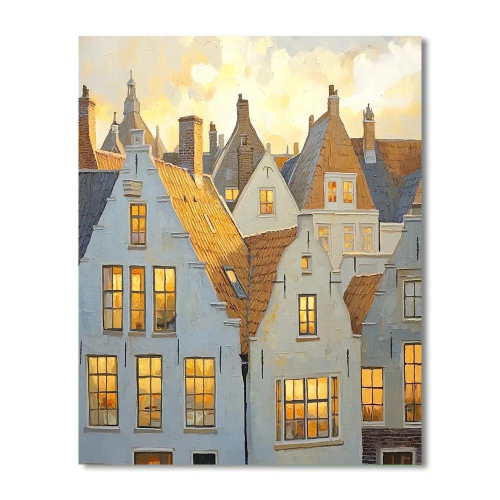 Johannes Vermeer Inspired Gabled Roofs Bathed In Golden Hour Light paint by color