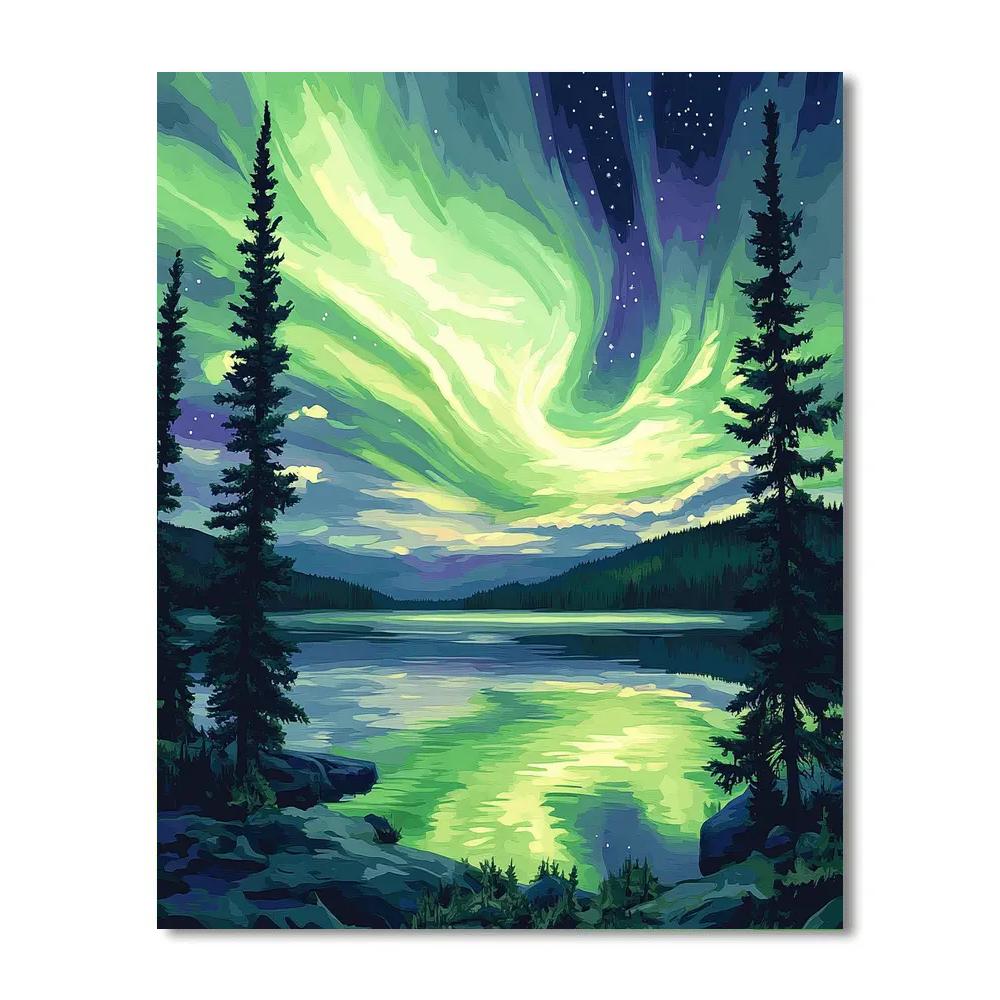Lawren Harris Inspired Aurora Above Silent Boreal Lake paint by number