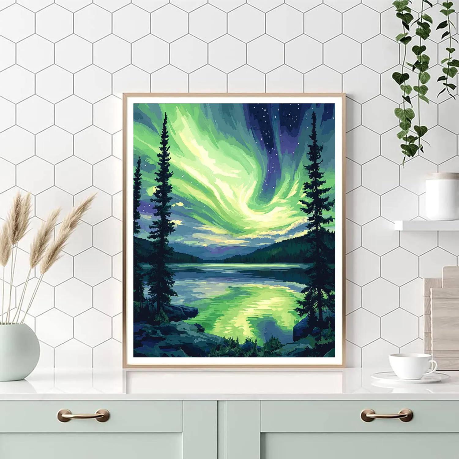 Lawren Harris Inspired Aurora Above Silent Boreal Lake paint by number