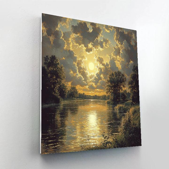 Rembrandt Inspired Riverbank With Luminous Golden Light painting number kit