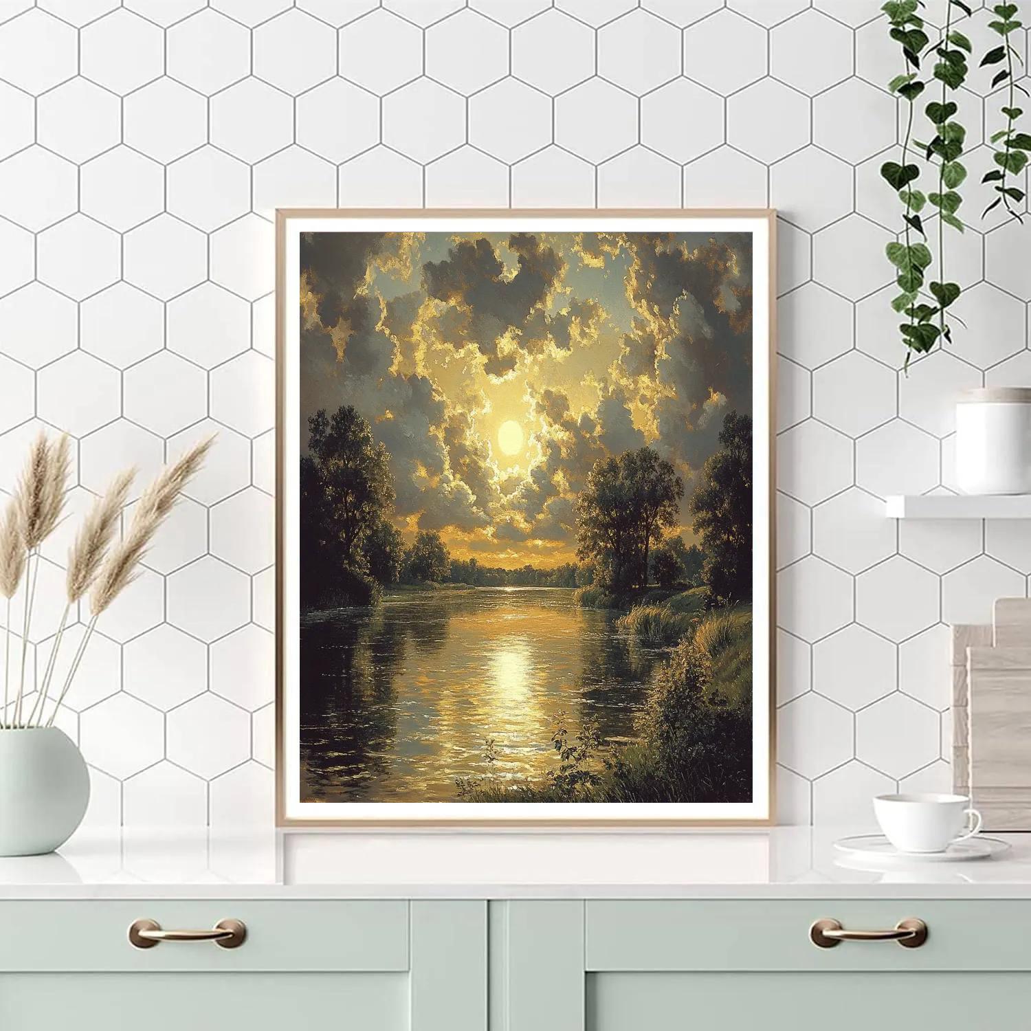 Rembrandt Inspired Riverbank With Luminous Golden Light painting number kit