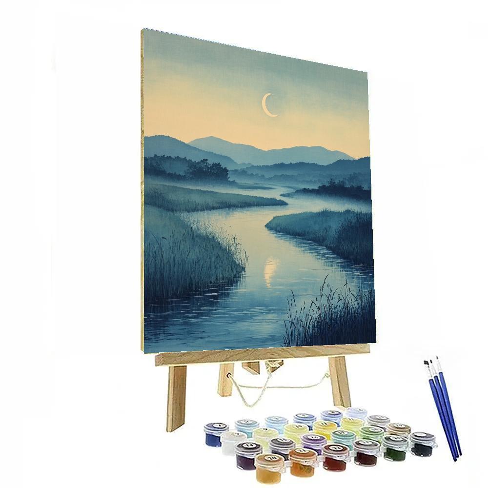 Hiroshige Inspired Moonlit River Mist paint by color