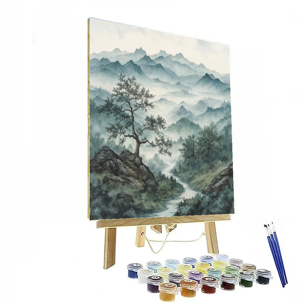 Zhao Mengfu Inspired Misty Mountain Reflection paint by color