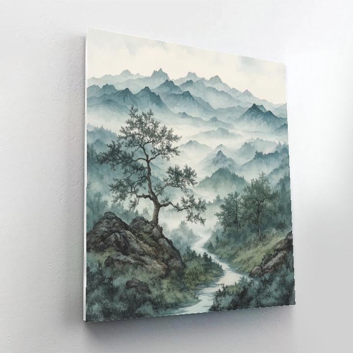Zhao Mengfu Inspired Misty Mountain Reflection paint by color