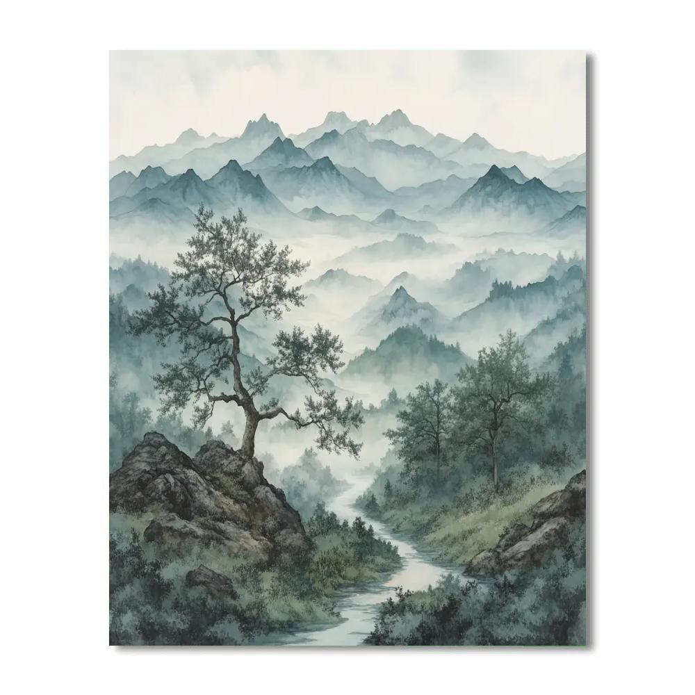 Zhao Mengfu Inspired Misty Mountain Reflection paint by color