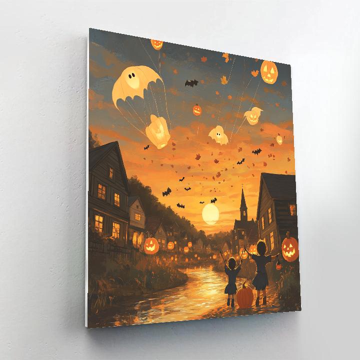 Halloween Lantern Kite Fleet Over Hollow Town Paint by numbers art