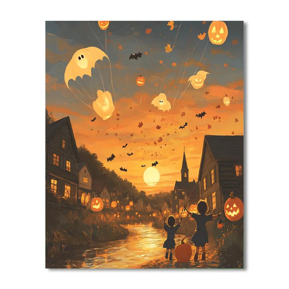 Halloween Lantern Kite Fleet Over Hollow Town Paint by numbers art