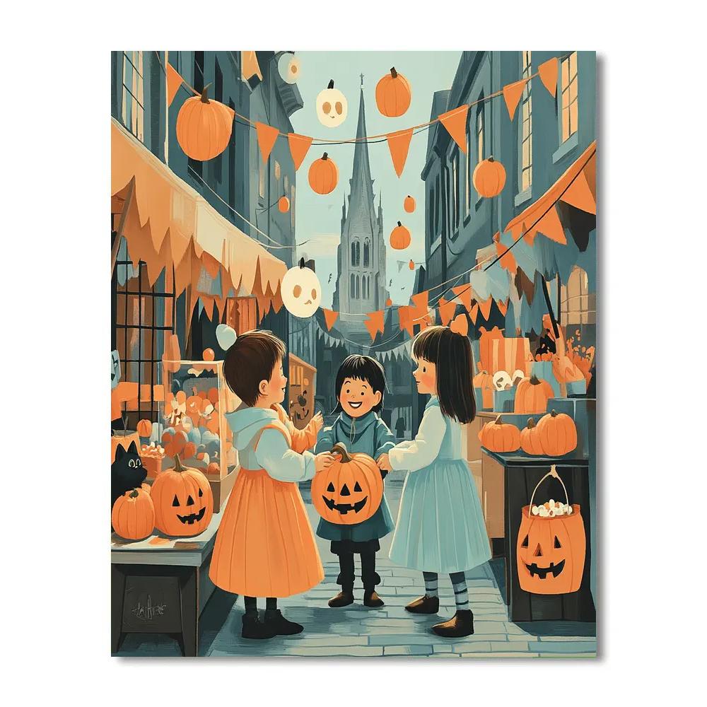 Trick Or Treaters In Spooky Lantern Market painting number kit
