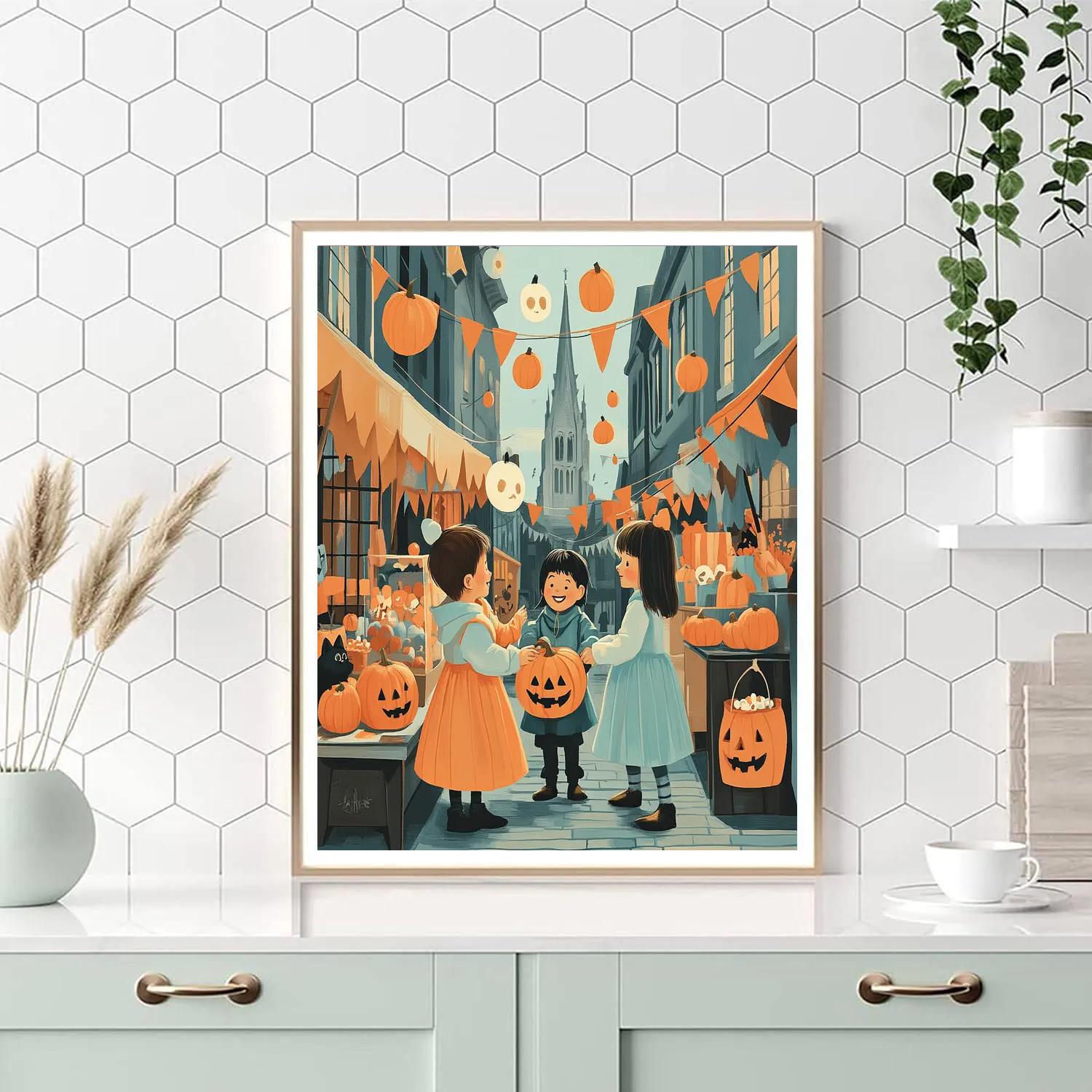 Trick Or Treaters In Spooky Lantern Market painting number kit