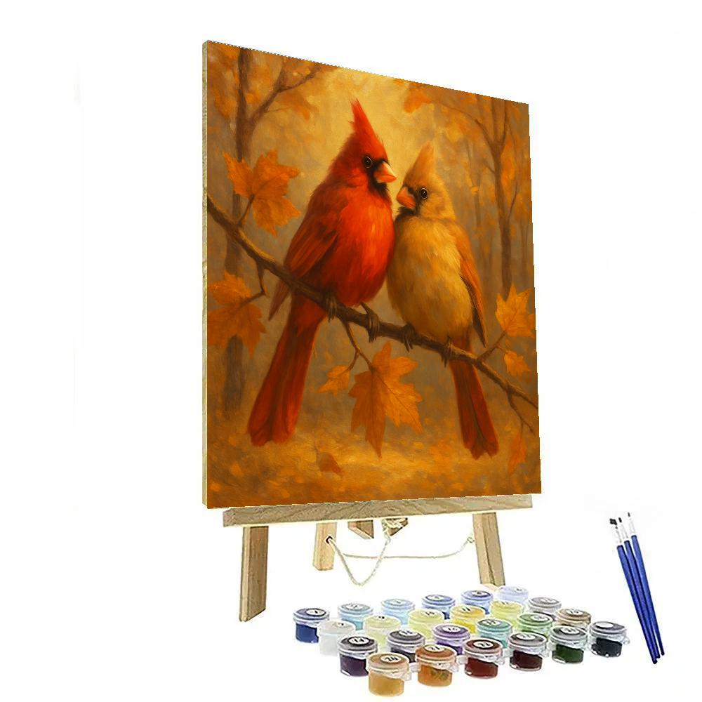 Cozy Cardinals On Golden Branches paint by color