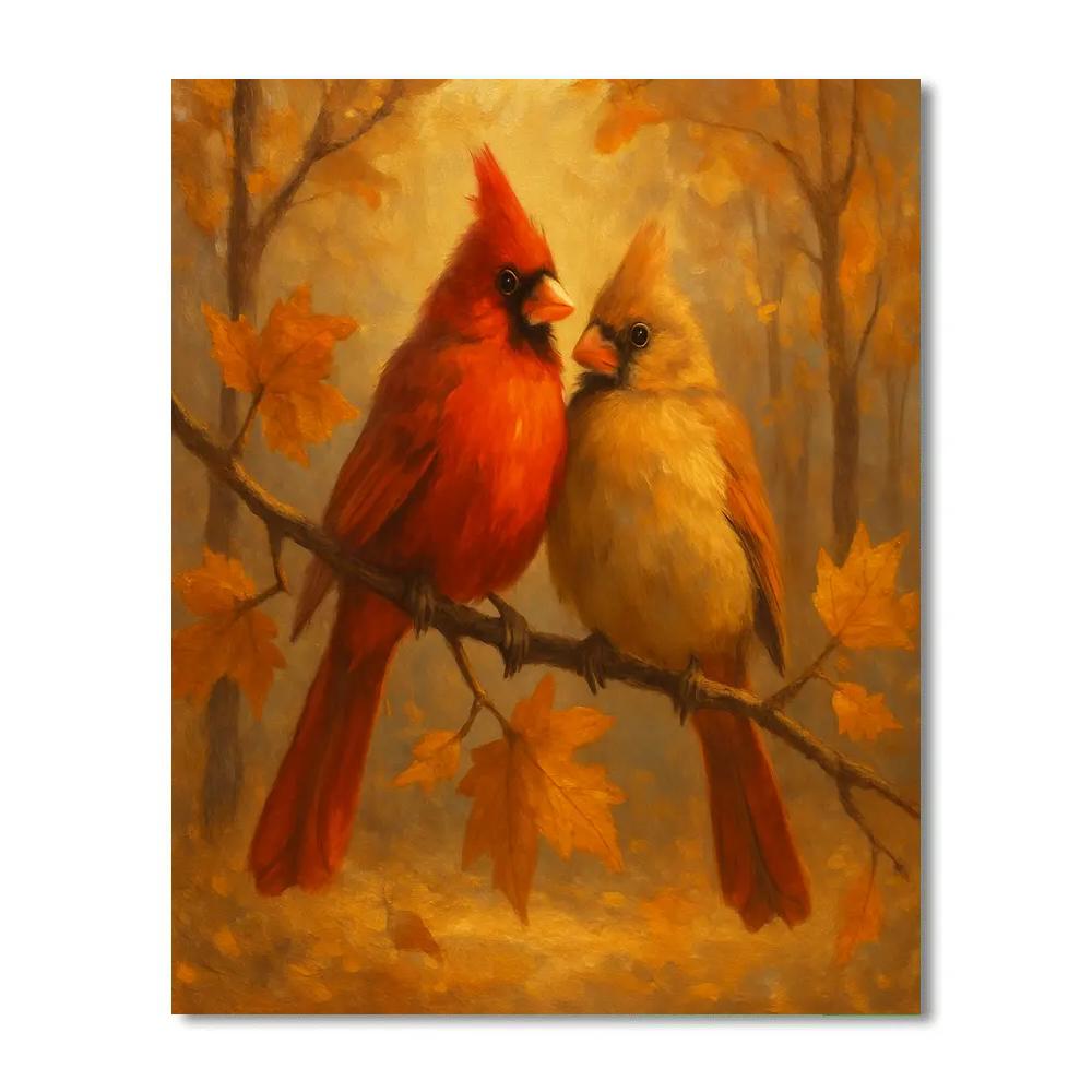 Cozy Cardinals On Golden Branches paint by color