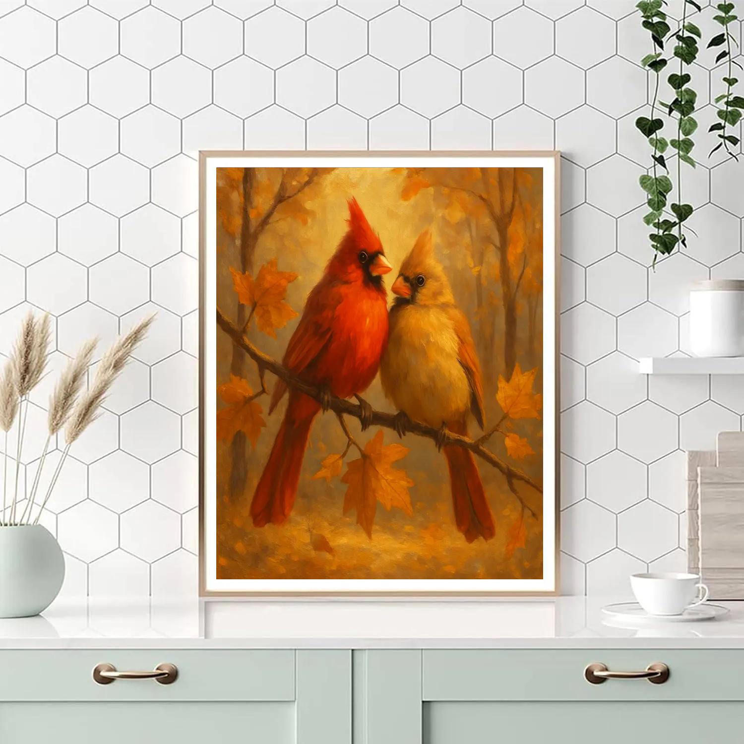 Cozy Cardinals On Golden Branches paint by color