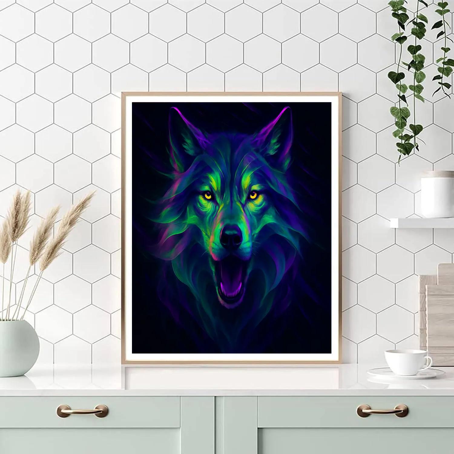 Midnight Wolf With Neon Veils Number painting
