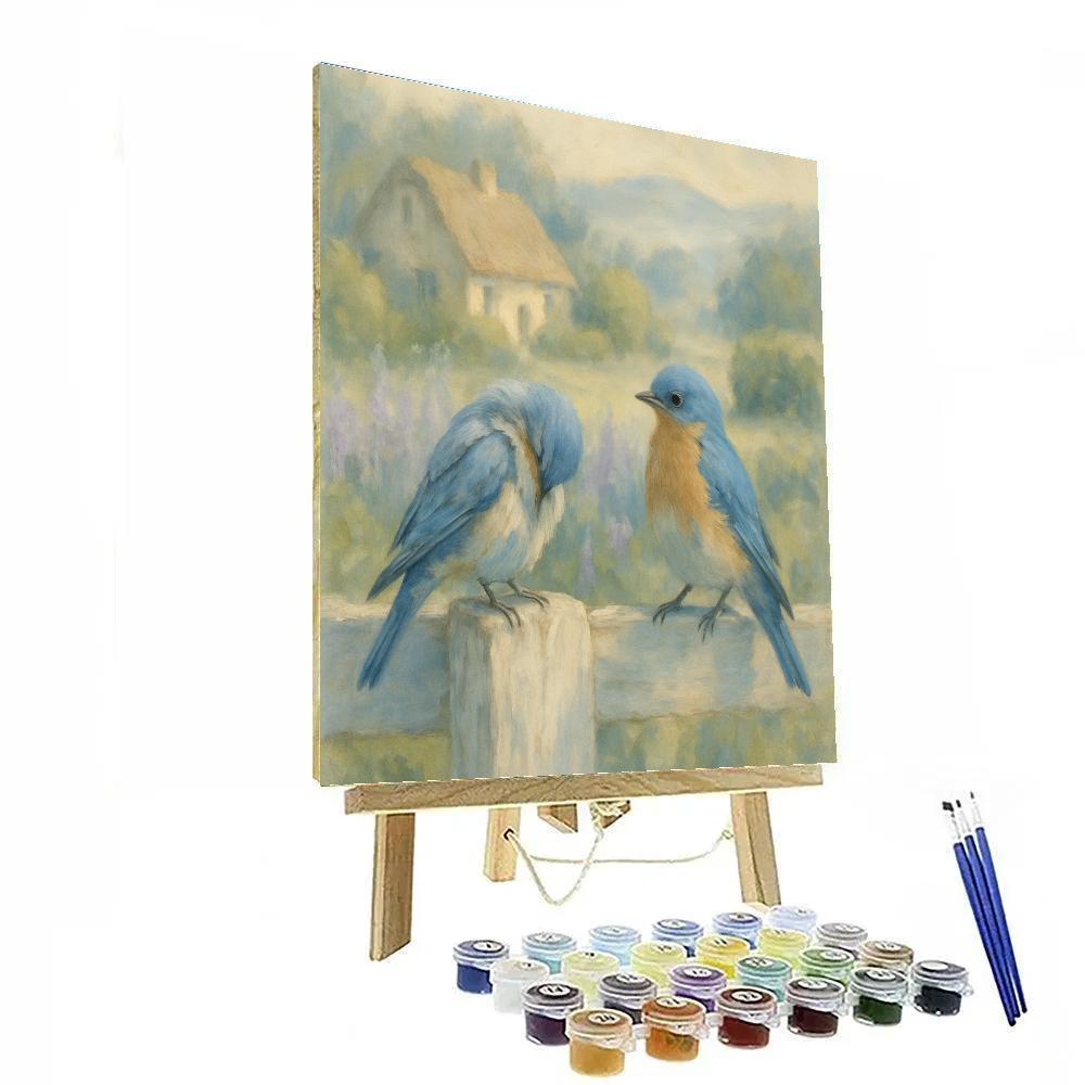 Bluebirds By The Cozy Garden Fence Number painting
