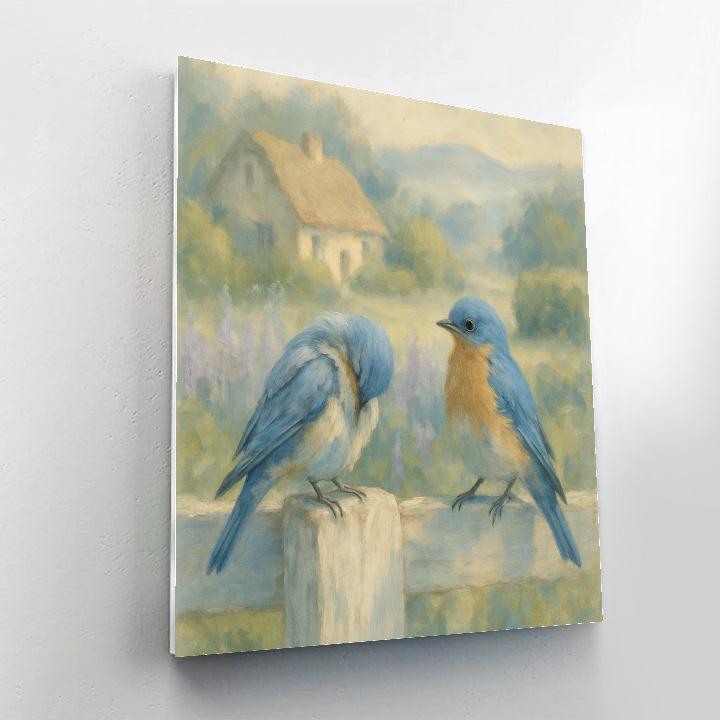 Bluebirds By The Cozy Garden Fence Number painting