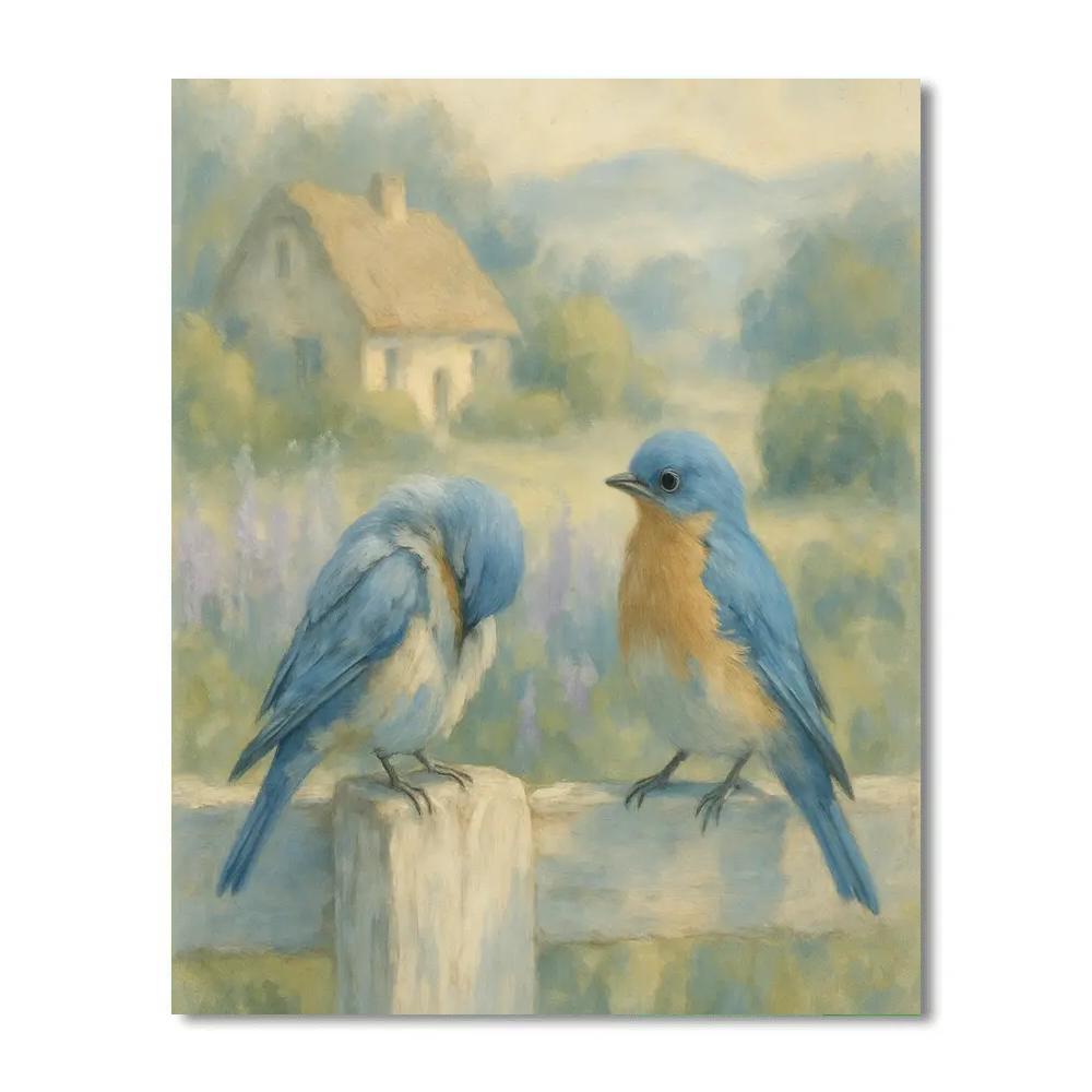 Bluebirds By The Cozy Garden Fence Number painting