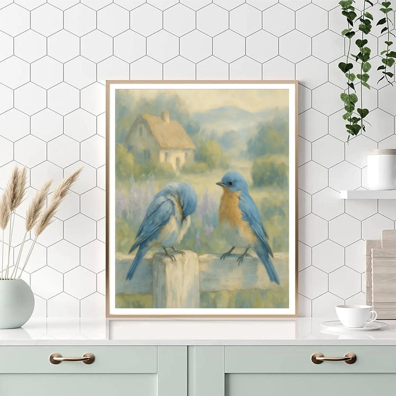 Bluebirds By The Cozy Garden Fence Number painting