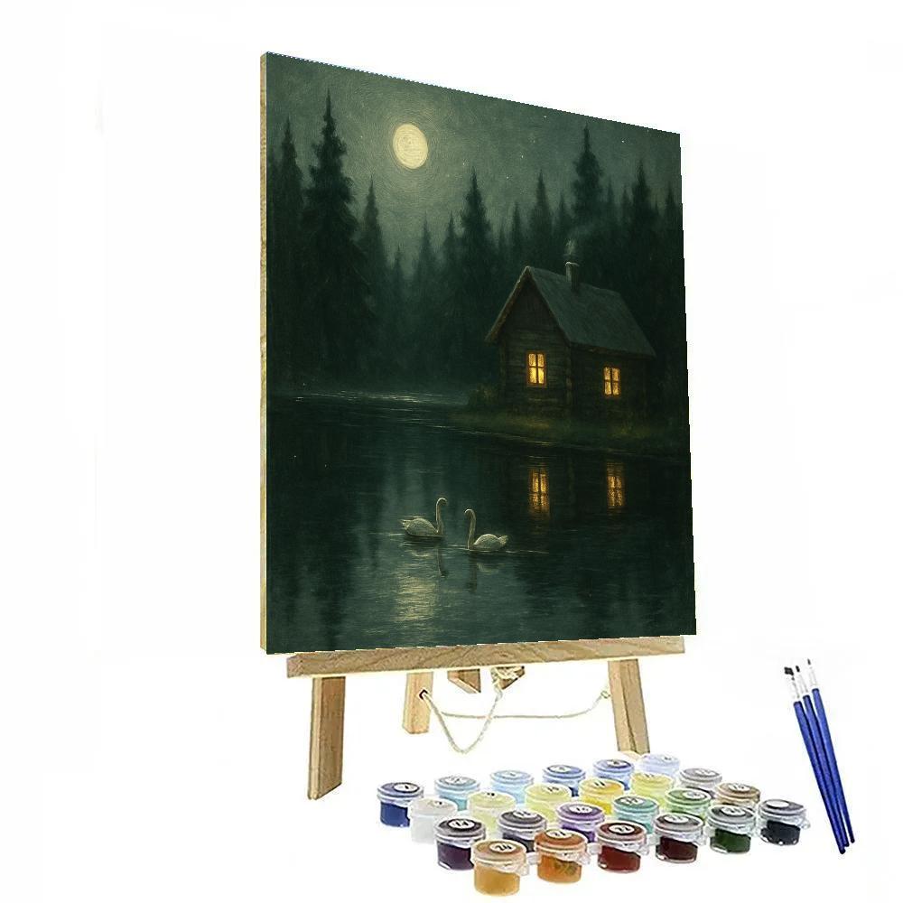 Moonlit Cabin Lake Reflection paint by numbers