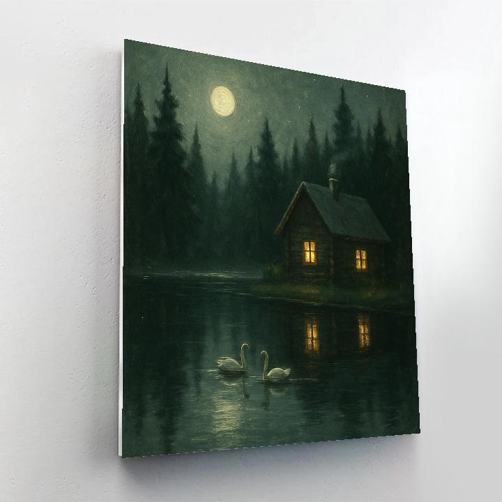 Moonlit Cabin Lake Reflection paint by numbers