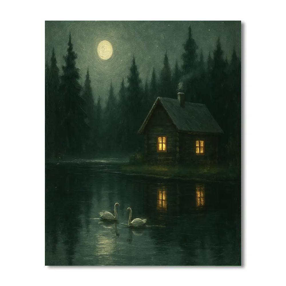 Moonlit Cabin Lake Reflection paint by numbers
