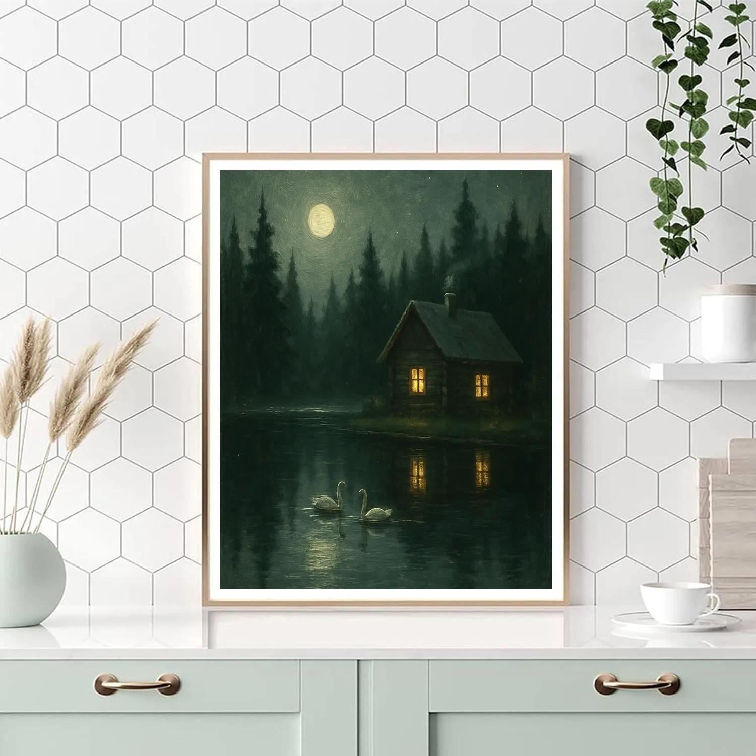 Moonlit Cabin Lake Reflection paint by numbers