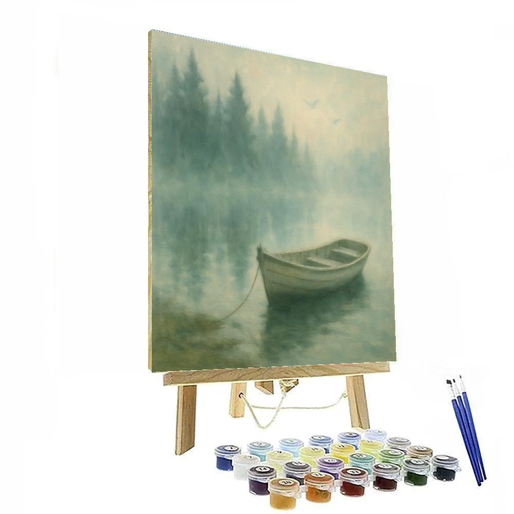 Rowboat Beside Foggy Pine Shore Paint by numbers kits