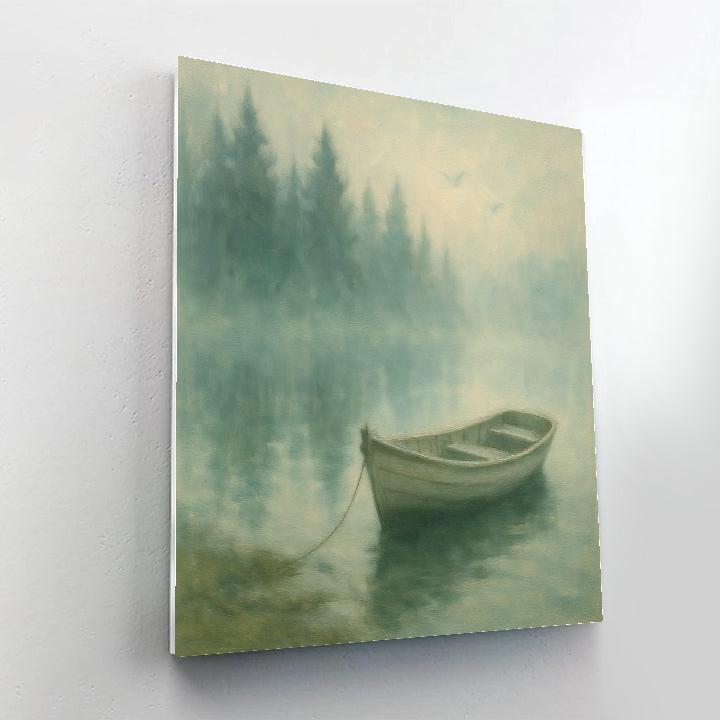 Rowboat Beside Foggy Pine Shore Paint by numbers kits