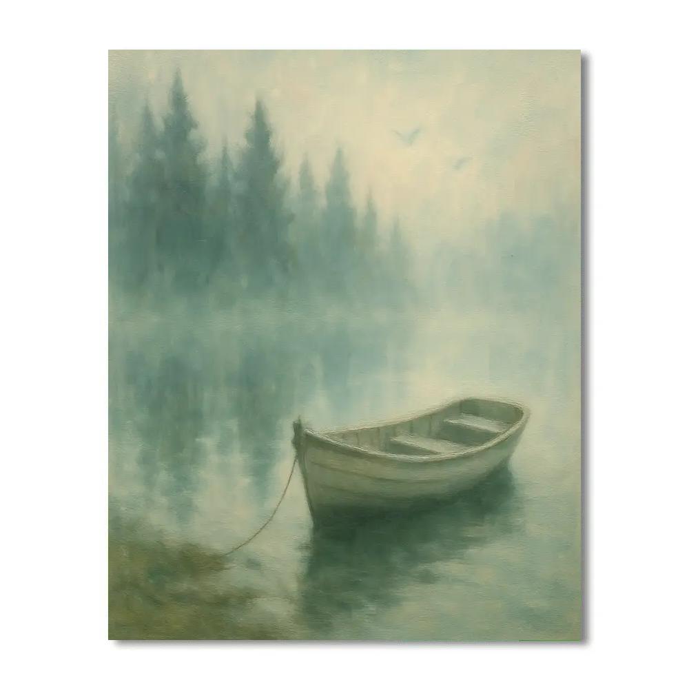 Rowboat Beside Foggy Pine Shore Paint by numbers kits
