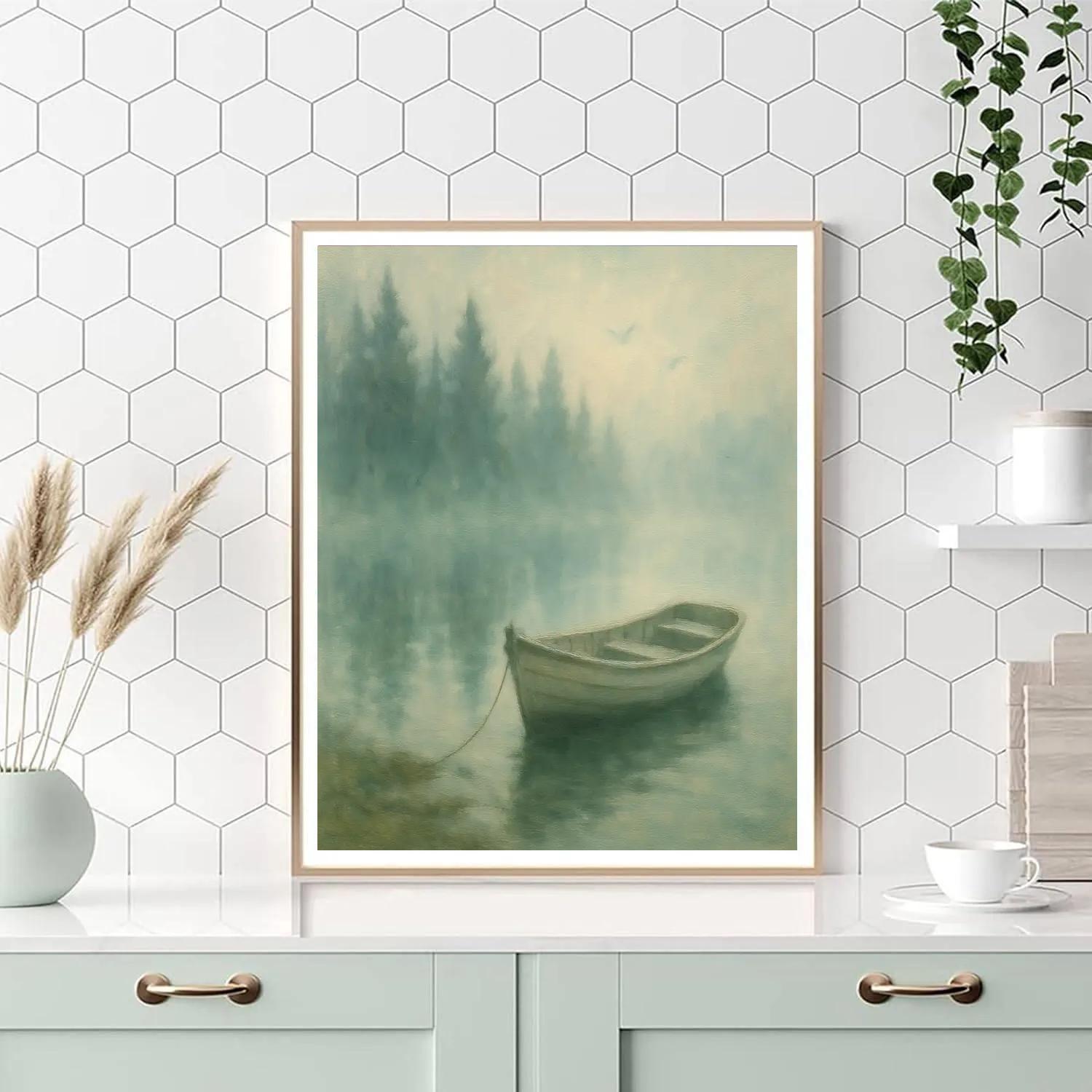 Rowboat Beside Foggy Pine Shore Paint by numbers kits