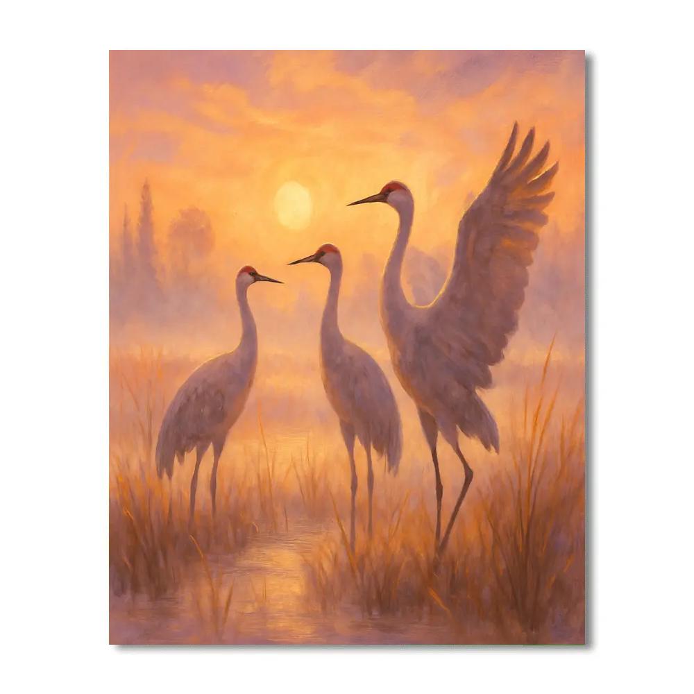Cranes At A Cozy Sunrise Marsh painting number kit