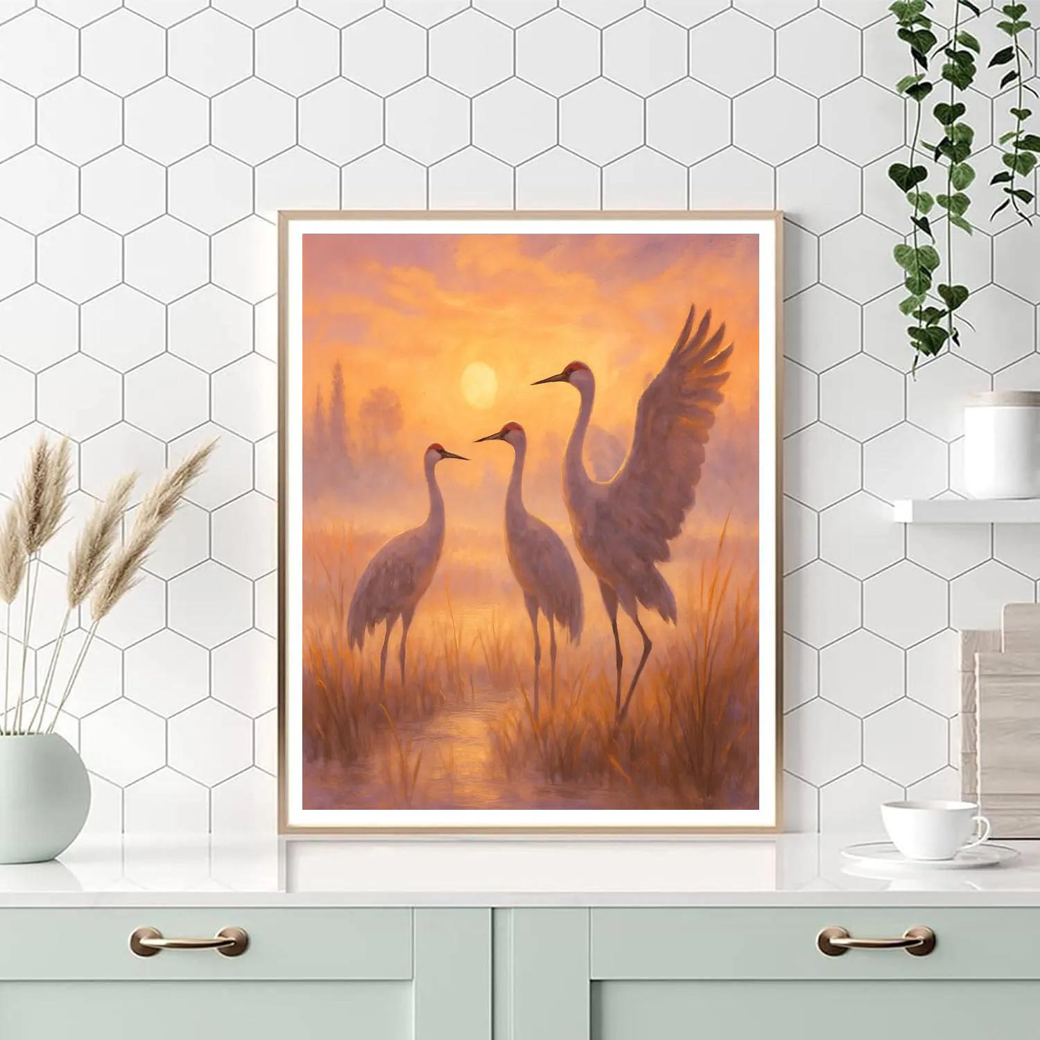 Cranes At A Cozy Sunrise Marsh painting number kit