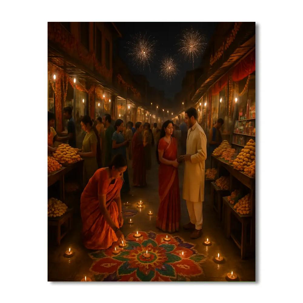 Diwali Night With Illuminated Indian Market Painting by numbers kit
