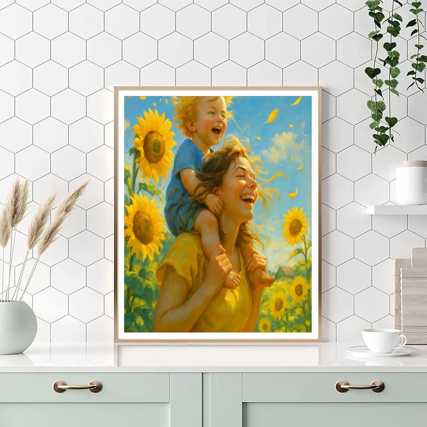 Mother And Child Sunflower Field Walk Paint by numbers art