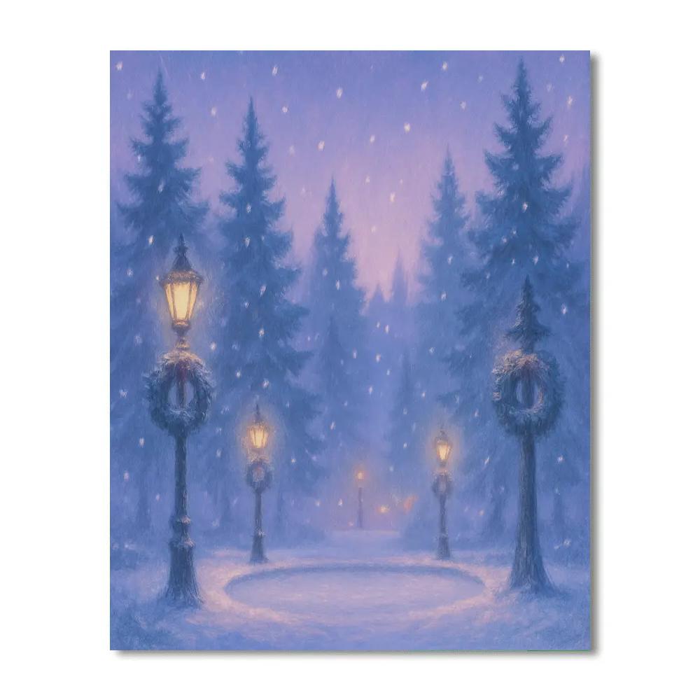 Frost-Kissed Lanterns In Pine Plaza Painting by numbers kit