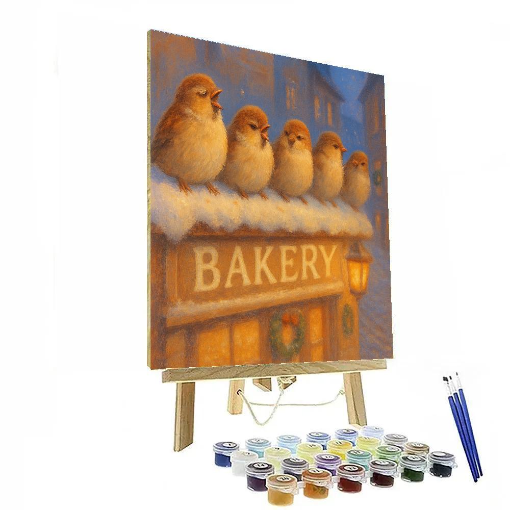 Sparrow Choir On Snowy Bakery Roof Numbered painting kits