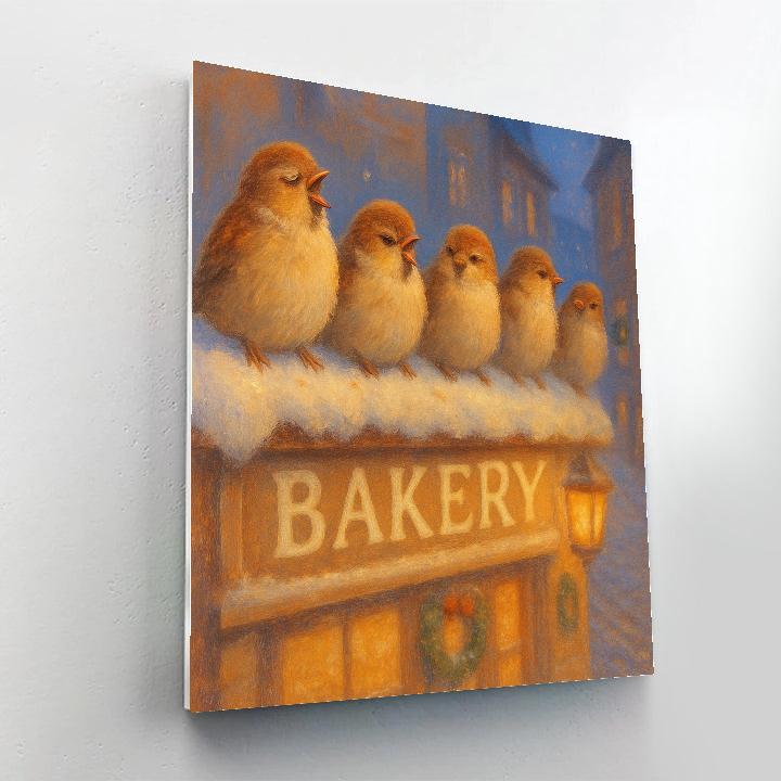 Sparrow Choir On Snowy Bakery Roof Numbered painting kits