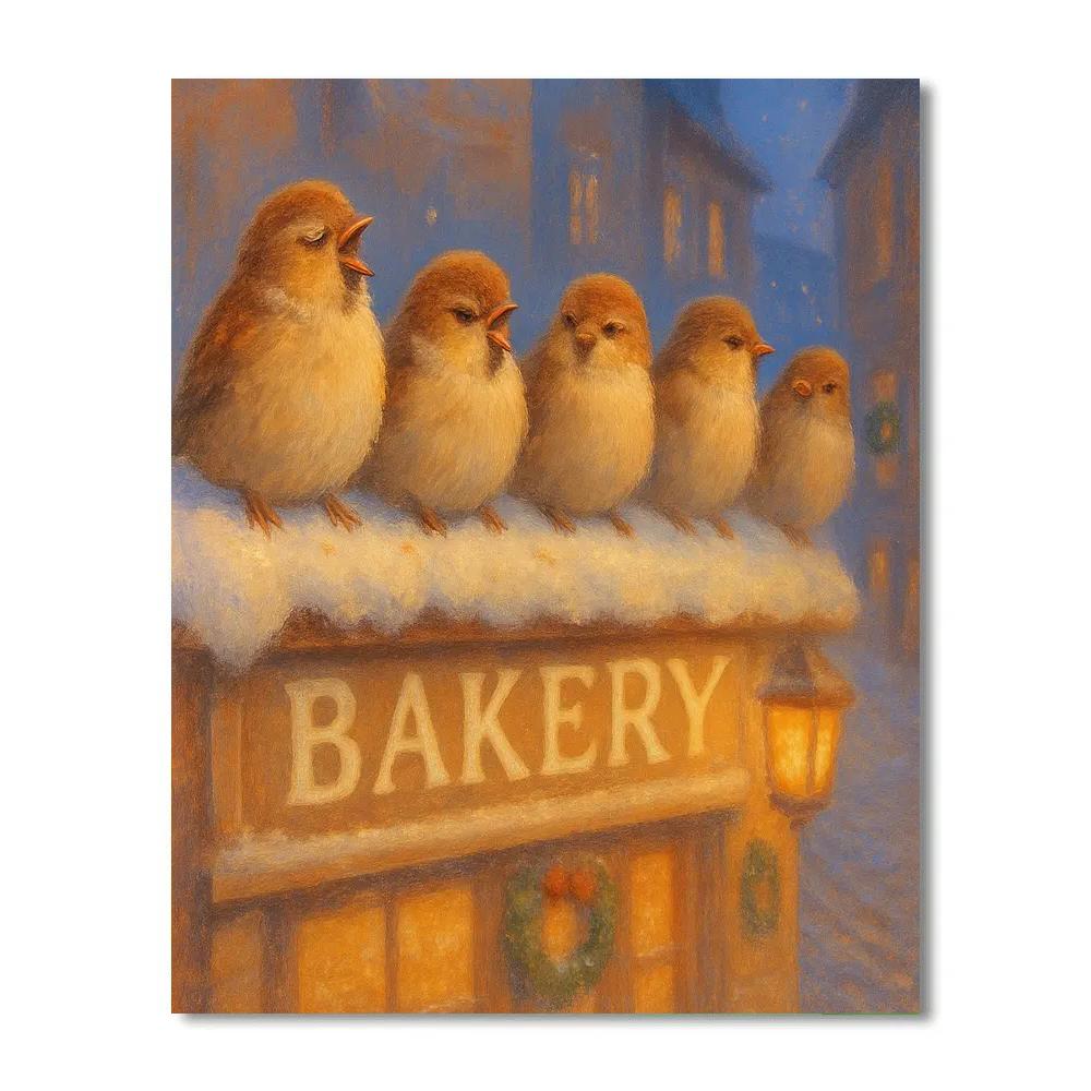 Sparrow Choir On Snowy Bakery Roof Numbered painting kits