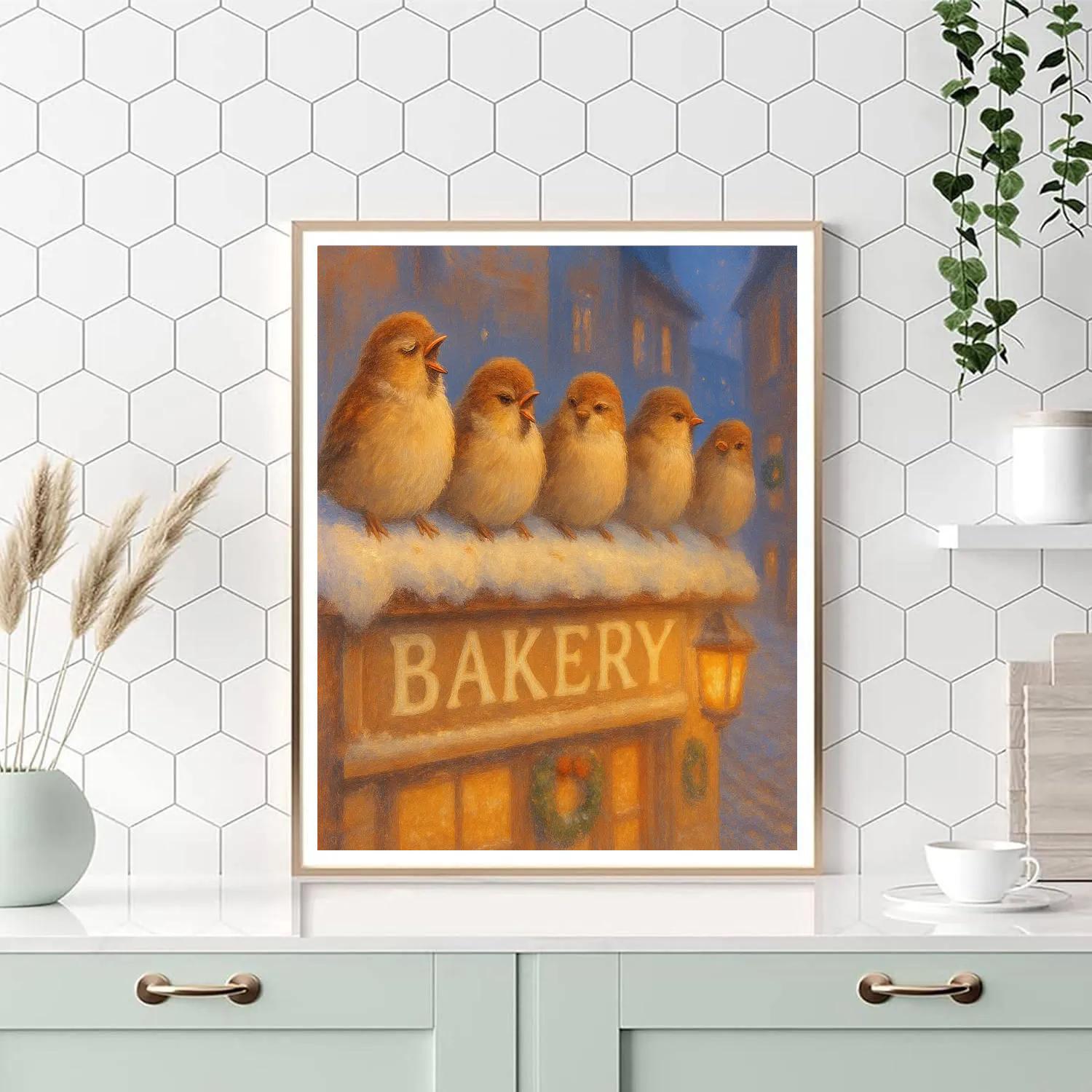 Sparrow Choir On Snowy Bakery Roof Numbered painting kits