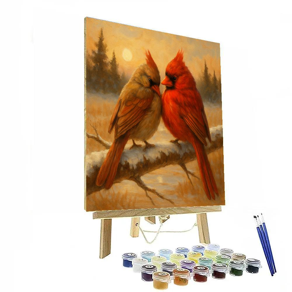 Cozy Dawn Cardinals On Birch paint by number