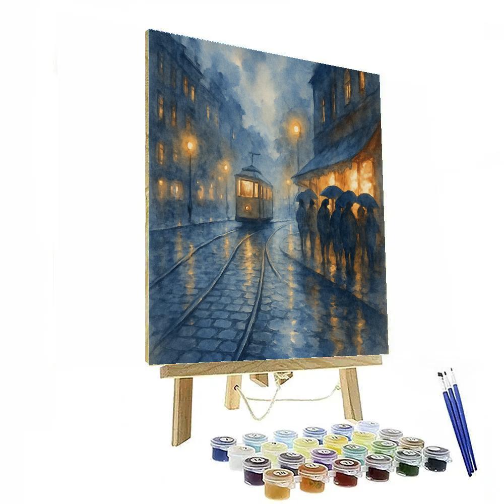 Rainy Tramline Alley With Warm Windows Painting by numbers kit