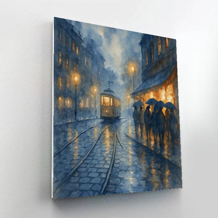 Rainy Tramline Alley With Warm Windows Painting by numbers kit