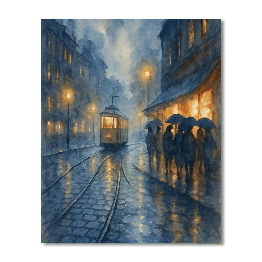 Rainy Tramline Alley With Warm Windows Painting by numbers kit