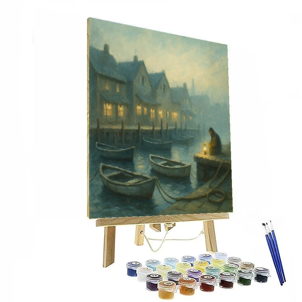 Harbor Morning With Fisherman And Lights Paint by numbers art