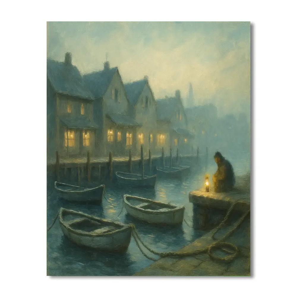Harbor Morning With Fisherman And Lights Paint by numbers art