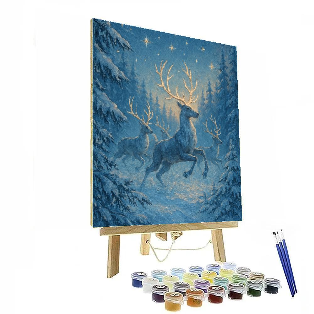 Reindeer Journey Across Frosty Pines paint by number